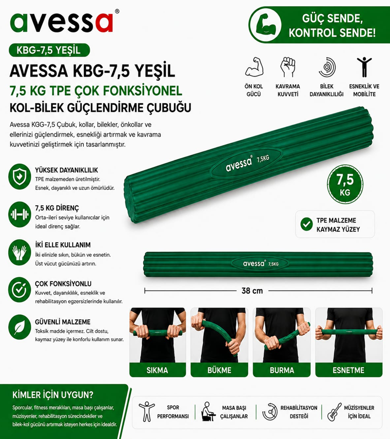 AVESSA KBG-7,5 YEŞİL 7,5 KG TPE ÇOK FONKSİYONLU KOL-BİLEK GÜÇLENDİRME ÇUBUĞU