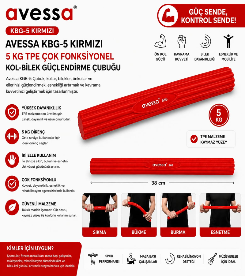 AVESSA KBG-5 KIRMIZI 5 KG TPE ÇOK FONKSİYONLU KOL-BİLEK GÜÇLENDİRME ÇUBUĞU