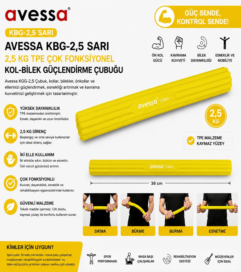 AVESSA KBG-2,5 SARI 2,5 KG TPE ÇOK FONKSİYONLU KOL-BİLEK GÜÇLENDİRME ÇUBUĞU