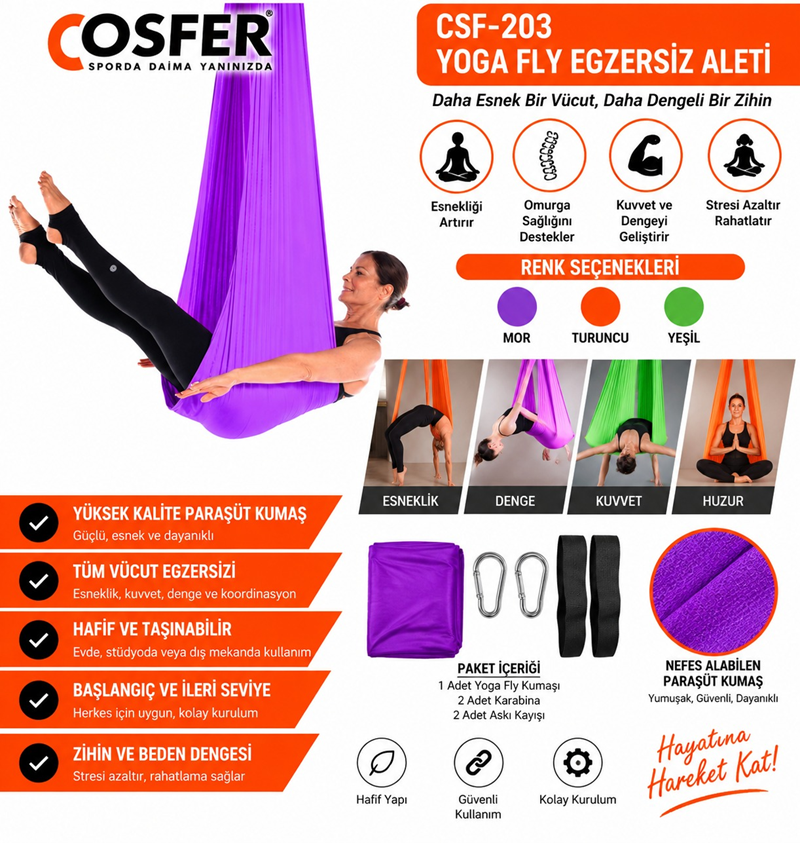 COSFER CSF203 TURUNCU-YEŞİL-MOR YOGA FLY EGZERSİZ ALETİ