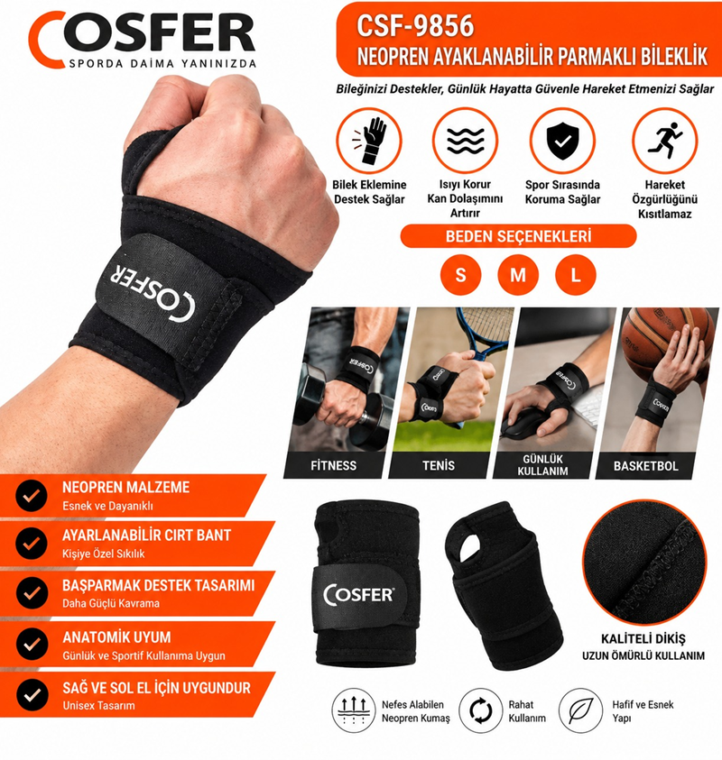 COSFER CSF9856 NEOPREN AYARLANABİLİR PARMAKLI EL BİLEKLİĞİ